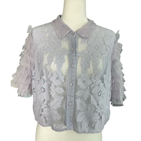Free People Women’s Madonna Semi-Sheer Lace Cropped Top Blouse Lilac Size XL - Picture 3 of 9